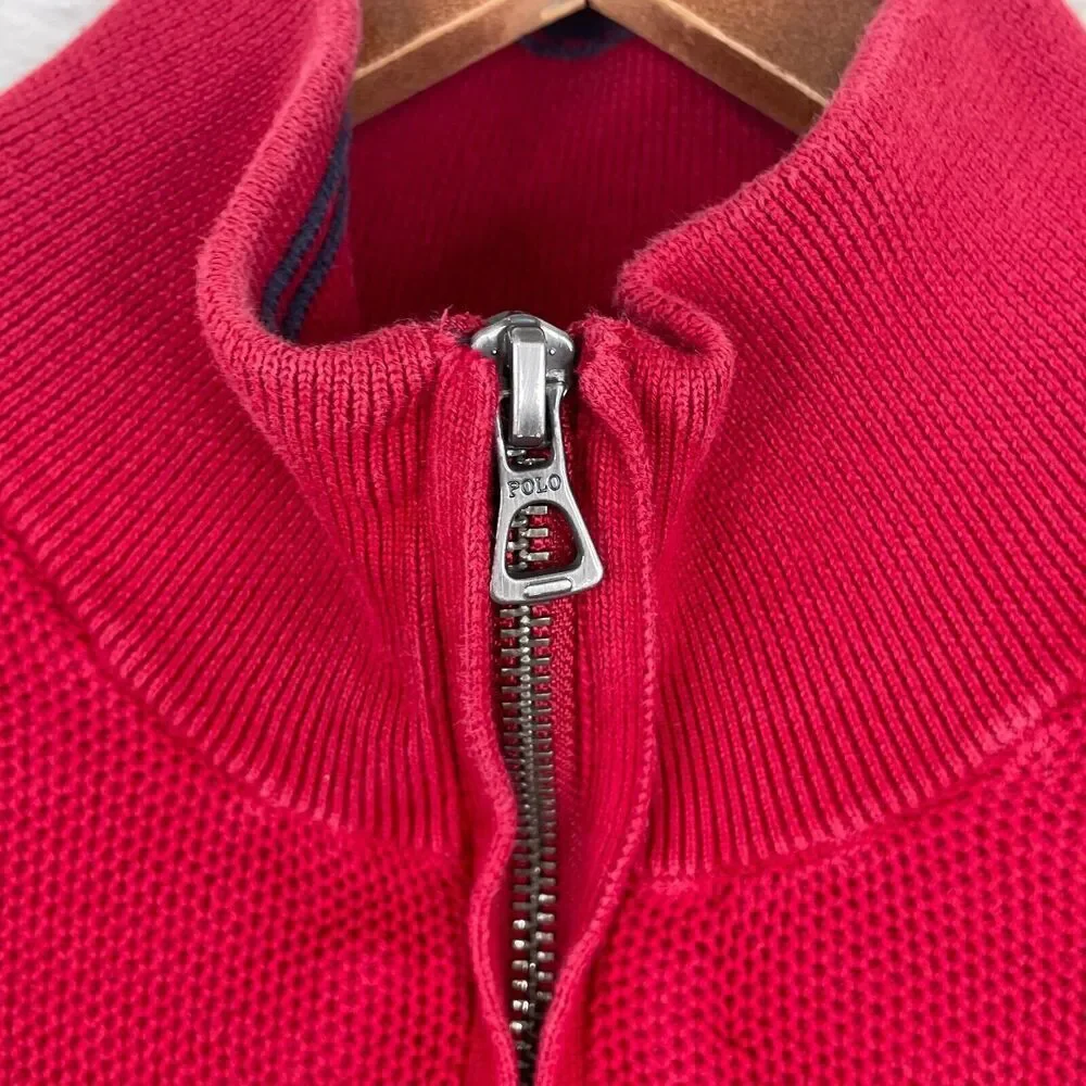 Polo Ralph Lauren Sweater Mens XL Red Pima Cotton Waffle Knit Quarter Zip Pony - Picture 3 of 11